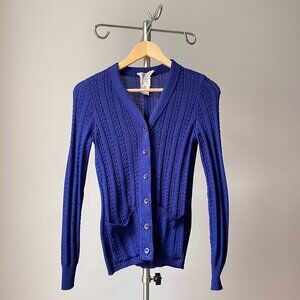 🍂 70s Vintage Royal Blue Fitted Cardigan Textured Cable Knit With Pockets